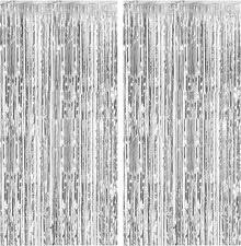2 Pack Foil Curtain Backdrop Silver Metallic Tinsel Foil Fringe Curtains Photo B