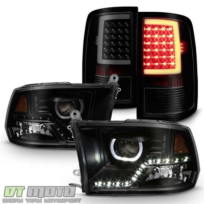 Black Smoke 2009-2018 Dodge Ram LED Halo Headlights+LED Light Tube Tail Lights