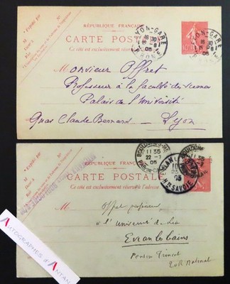   Lot 2 ganze Postkarten 1905 an Professor OFFRET (1 von Paul de LAPRADE) Lyon