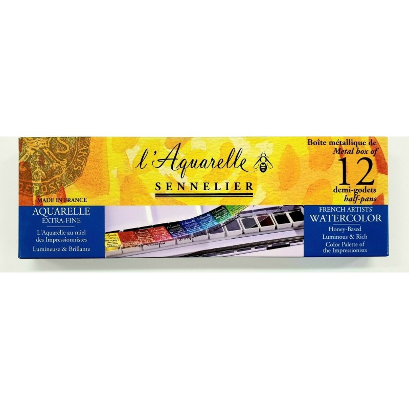 Aquarelles extra-fines Sennelier boîte métal de 12 demi-godets au miel