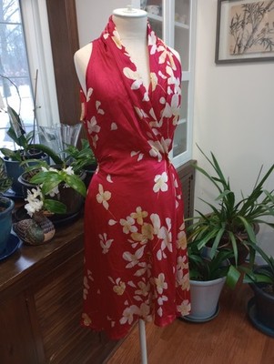 Max Mara  Pura Seta 100% Silk Wrap Dress Red Floral Sleeveless  US Size 14