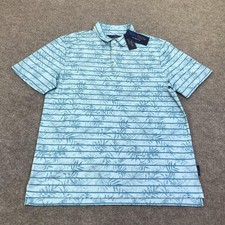 Nautica NAVTECH Polo Shirt Mens Medium Blue Stripe Leaf Print Short Sleeve