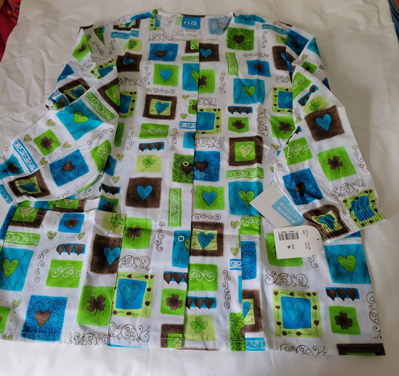 Scrub H.Q. Scrub Jacket Size M NWT Blue Green Brown Hearts