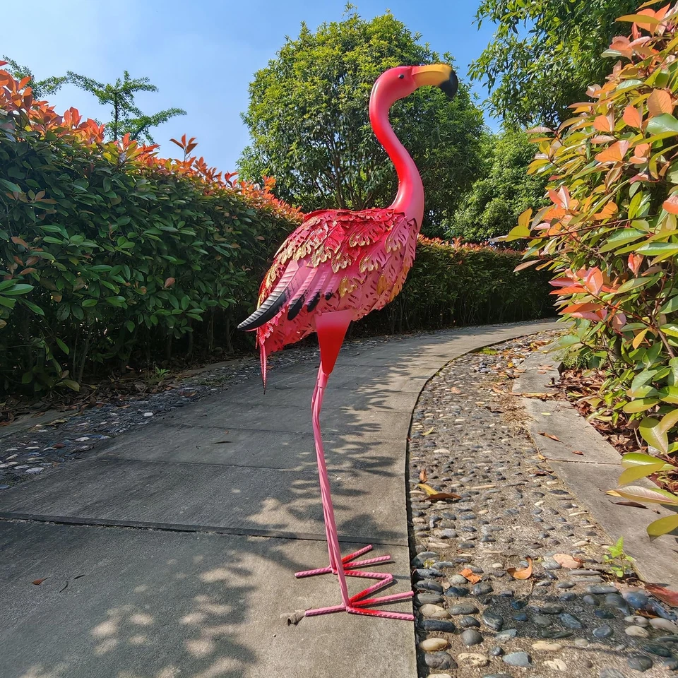 Estátuas de jardim esculturas flamingo arte de jardim de metal, arte de pássaro rosa ao ar livre traseira... - Imagem 2 de 4