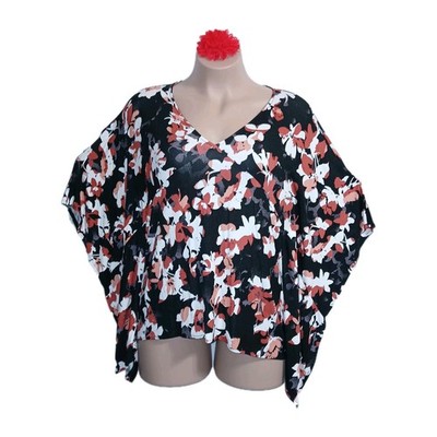 Iman Global Chic Women Poncho Caftan Top L Black Rust Floral Lagenlook Resort