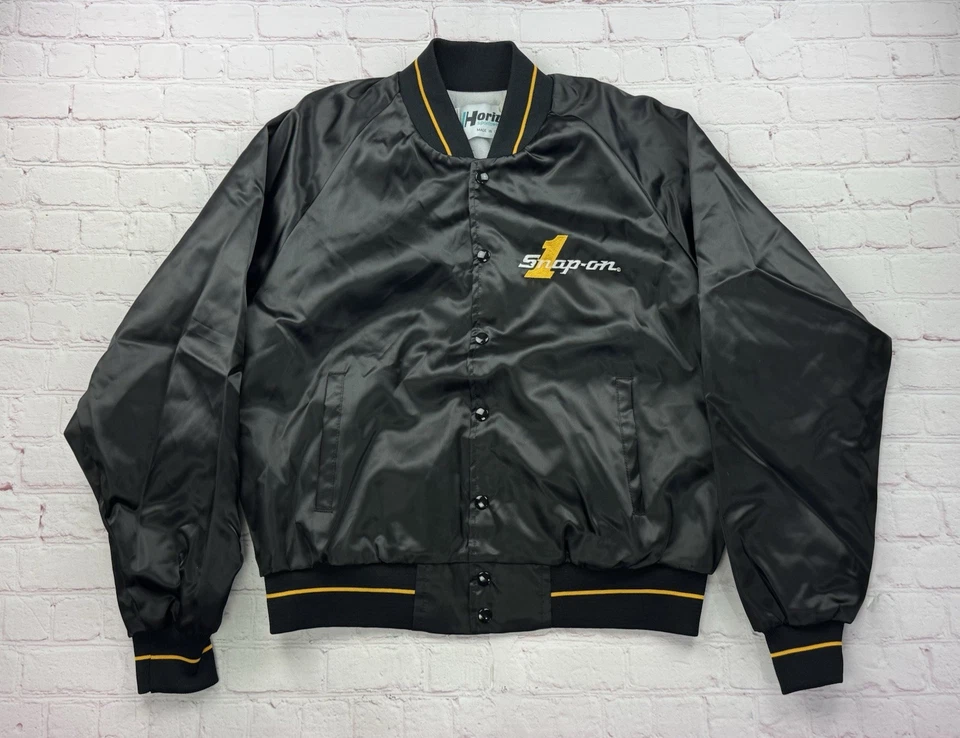 NUEVO Abrigo Vintage Herramientas a Presión Satinado L Horizon Negro Bordado Años 80 EE. UU. Foto 2 de 4