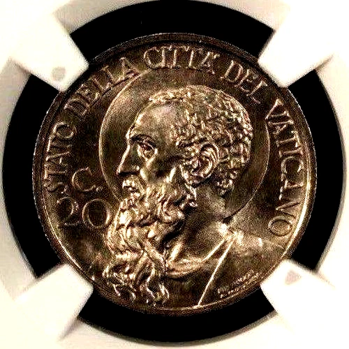 Vatican 20 Centesimi 1936 XV  NGC MS 67 UNC Pope Pius XI  High Grade
