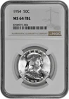 1954 50C BU Silver Franklin Half Dollar NGC Graded MS 64 FBL White Coin