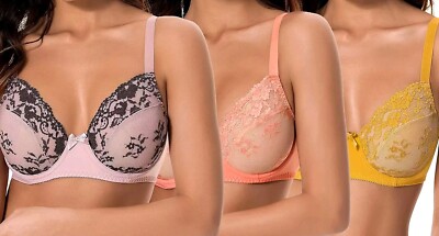 3 Curve Muse Bras Plus Size Underwire Semi sheer Balconette Lace UK 40DD
