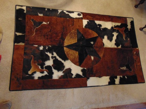 Handmade Natural Leather Patchwork RECKTANGLE 3 ft X 5 ft Cowhide Rug TEXAS STAR - Picture 2 of 10