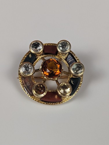 Antique Victorian Scottish Brooch 14k Gold - Topaz, Citrine, Quartz, Jade - Picture 2 of 7