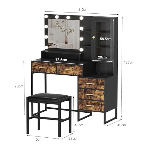 GAOMON 53.5" Large Vanity Desk with Bench Makeup Vanity with Rustic