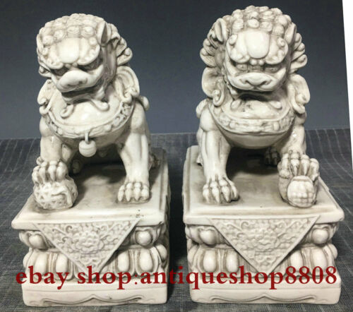 8" Dehua White Porcelain Pottery Fengshui Foo Fu Dog Guardion Door Lion Pair 001 - Picture 1 of 9