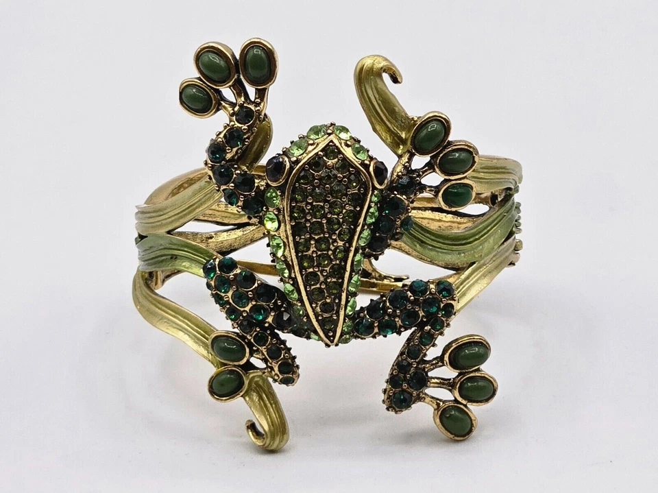 Yuhong Kirks Folly Happy Hopper Green Enamel Rhinestone Frog Cuff Bracelet - Image 4 of 4