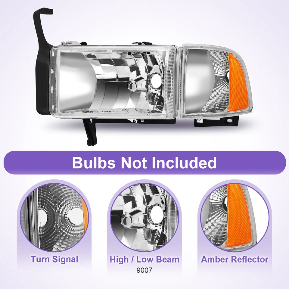 Pair Headlights For 1994-2002 Dodge Ram 1500 Ram 2500 Ram 3500 Left+Right Chrome Foto 3 de 4