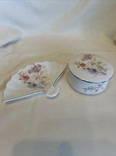 Vintage Porcelain Round Trinket Box Trinket Dish/Fan Floral Pattern Japan MARKED