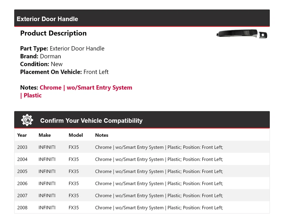 Manija de puerta exterior delantera izquierda para Infiniti FX35 2003-2008 Dorman 2004 2005 Foto 2 de 4
