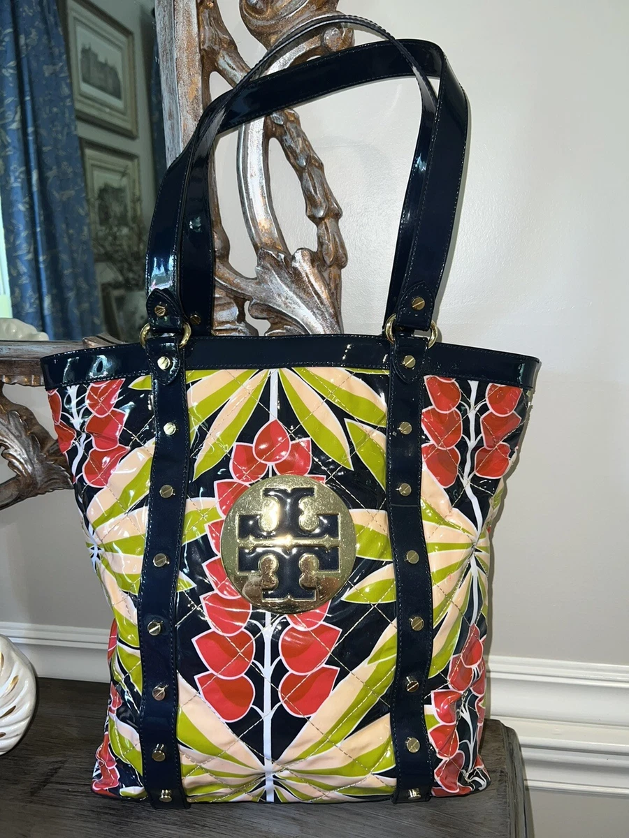 TORY BURCH Floral Quilted Patent Leather Gold Logo Betty PALM Tote Dust Bag