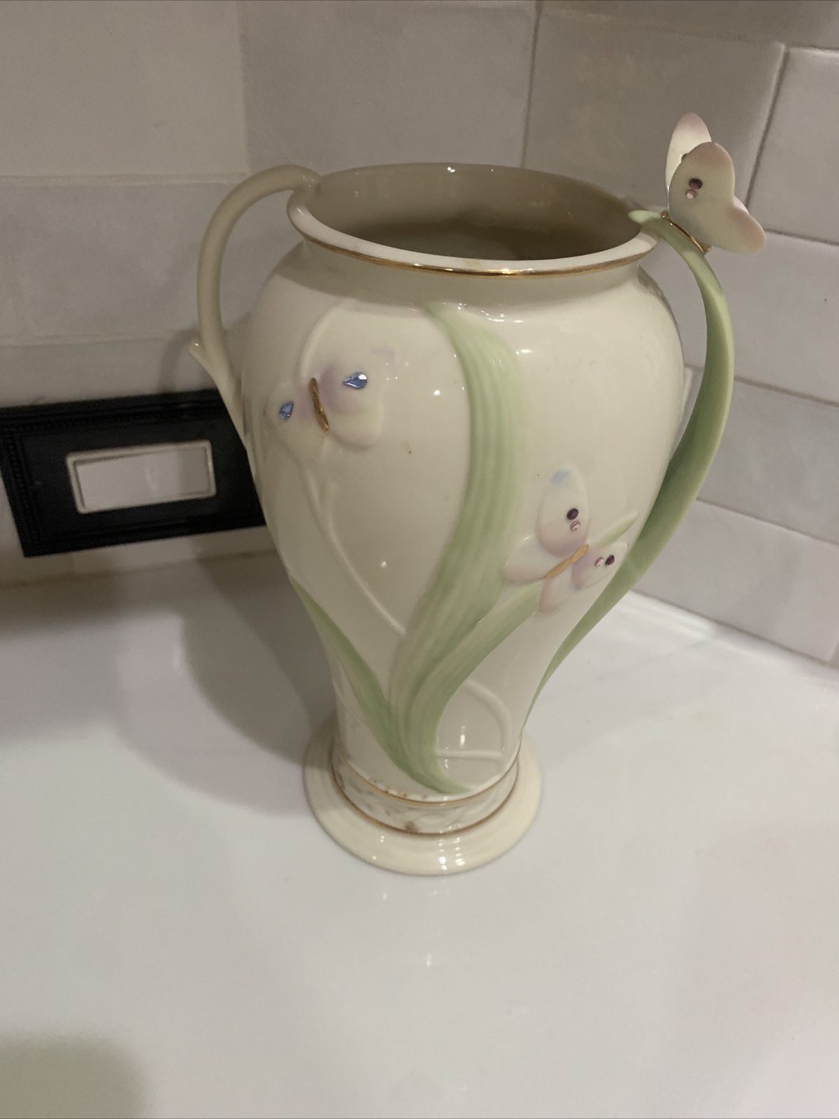 Lenox Jeweled Butterfly 9.5" Vase Handcrafted Porcelain Gold Trim 2001