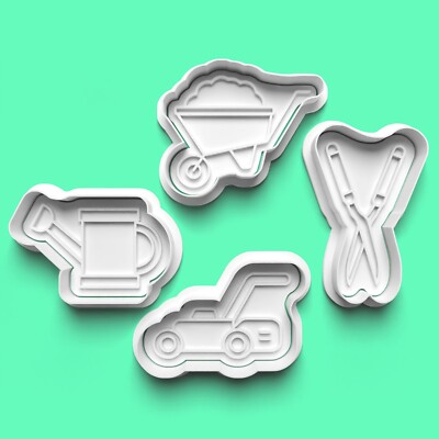 Ausstecher Fondant Stempel Gartengeräte Rasen Geburtstag Party Backen 4er Set