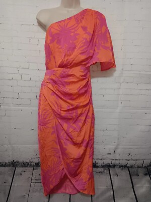 DO+BE One Shoulder Floral Dress Size S Pink Orange Faux Wrap Bottom Draped (A7)