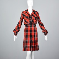 XS 1970s Buffalo Check Skirt Suit Separates VTG 70s School Girl Outfit Red Black