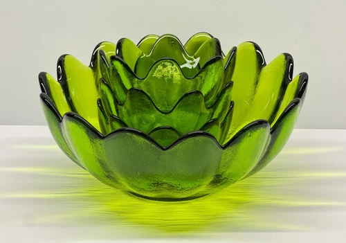 1960's Vintage Blenko Art Glass Olive Green Lotus Petal Bowls 10.5"  & 5.5" MCM