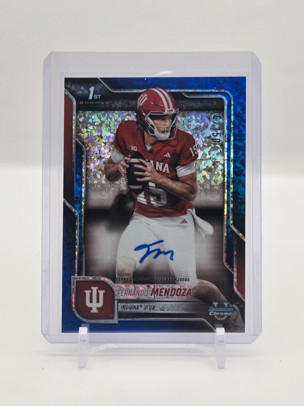 Fernando Mendoza 2025 Bowman Chrome U Blue Mini-Diamond Auto 86/150 #BCA-FME