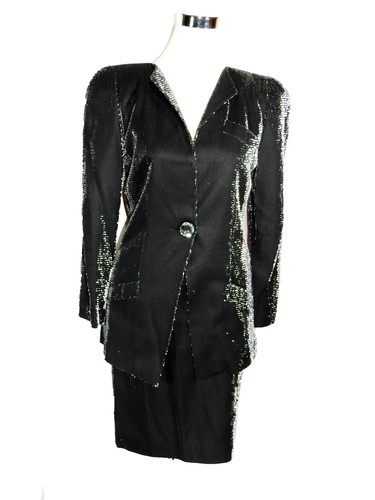 Krizia, Krizia Vintage Soft Black Silver Metallic Skirt Blazer Evening Outfit 38 4/6