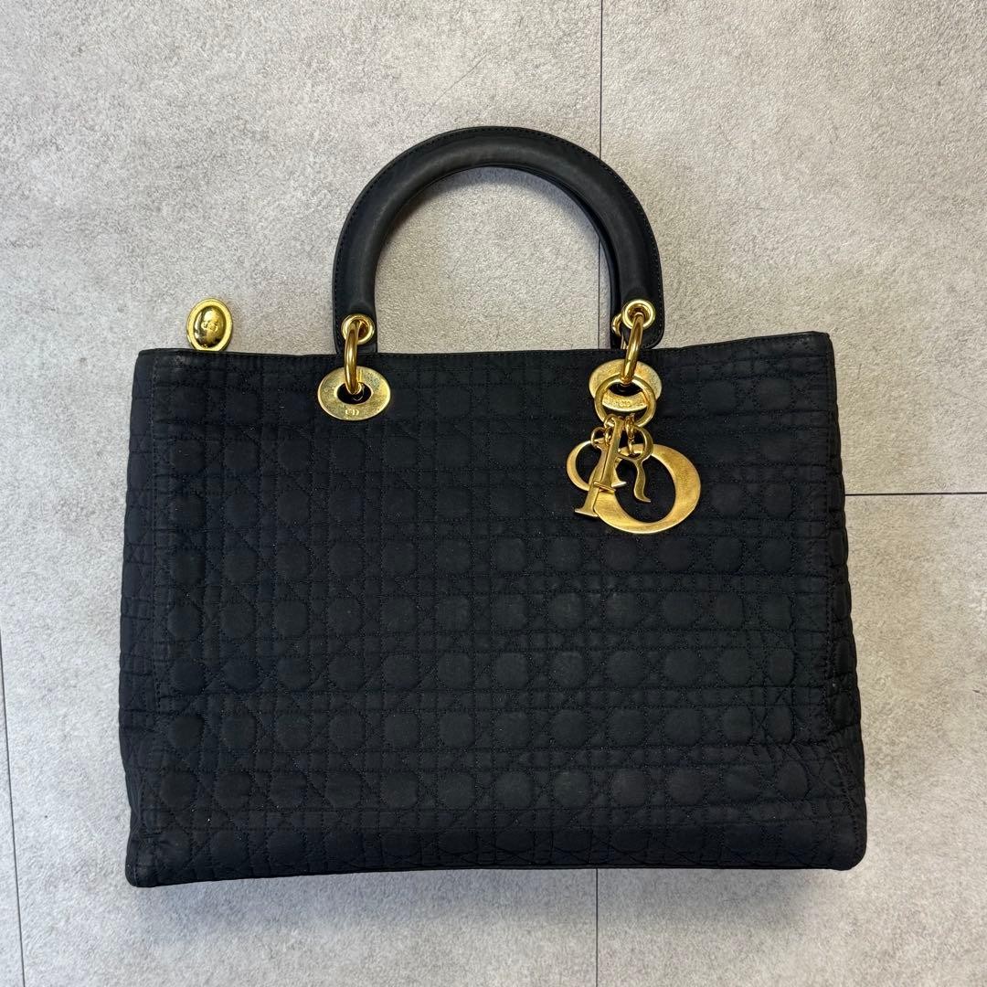 Christian Dior Lady Dior Medium Black Gold Nylon Leather Hand Bag Good