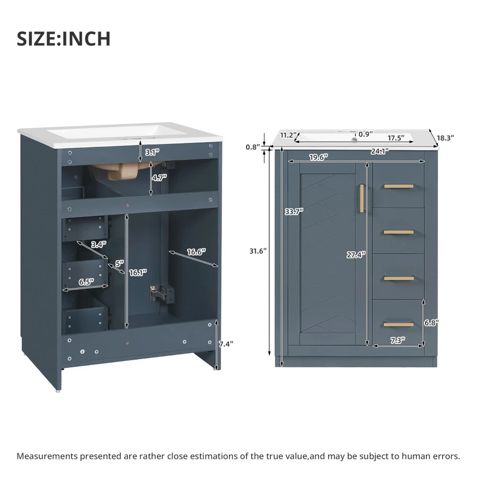 Tocador de baño 24 pulgadas fregadero de cerámica integrado 1 puerta 3 cajones Foto 2 de 4