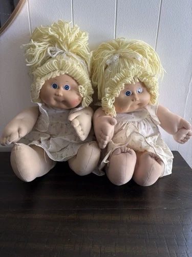 Vintage Cabbage Patch Kids Dolls, Matching Dresses, Blonde Yarn Hair – Lot of 2