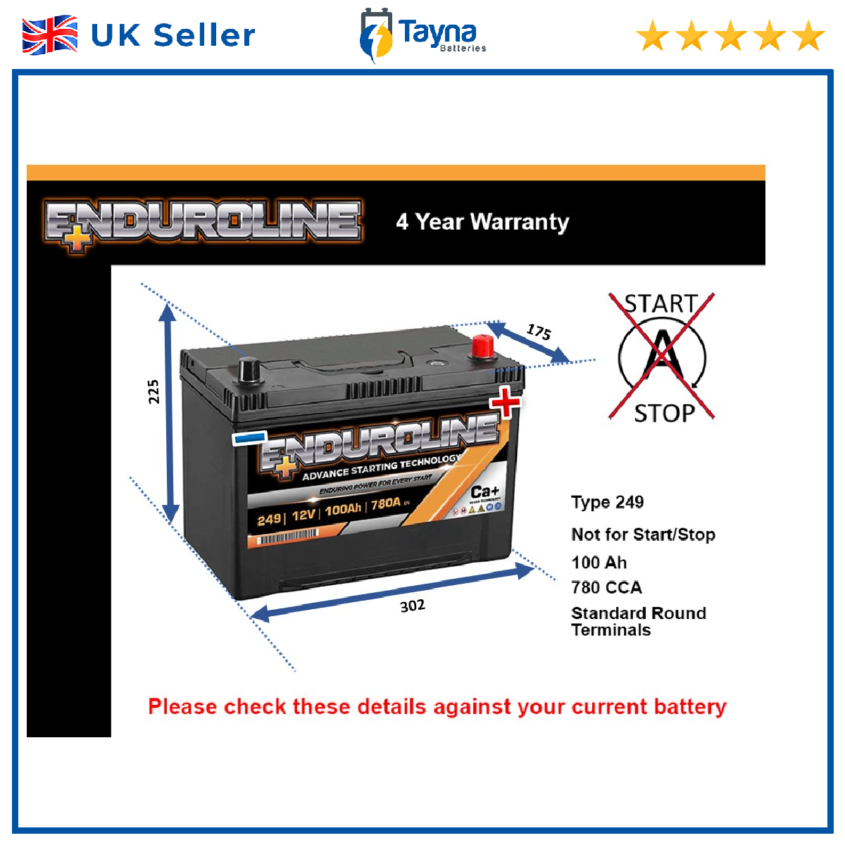 Car Battery 249 Enduroline 249 780A 100Ah 4Yr Warranty 302x175x225