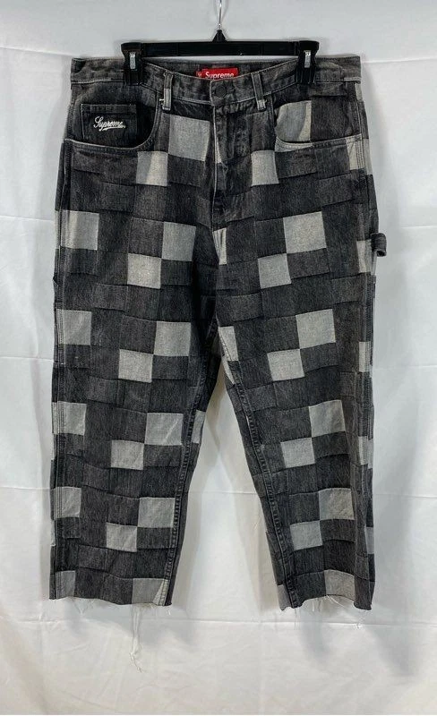 Short jean de travail homme Supreme gris à carreaux ourlet brut coton streetwear taille 34