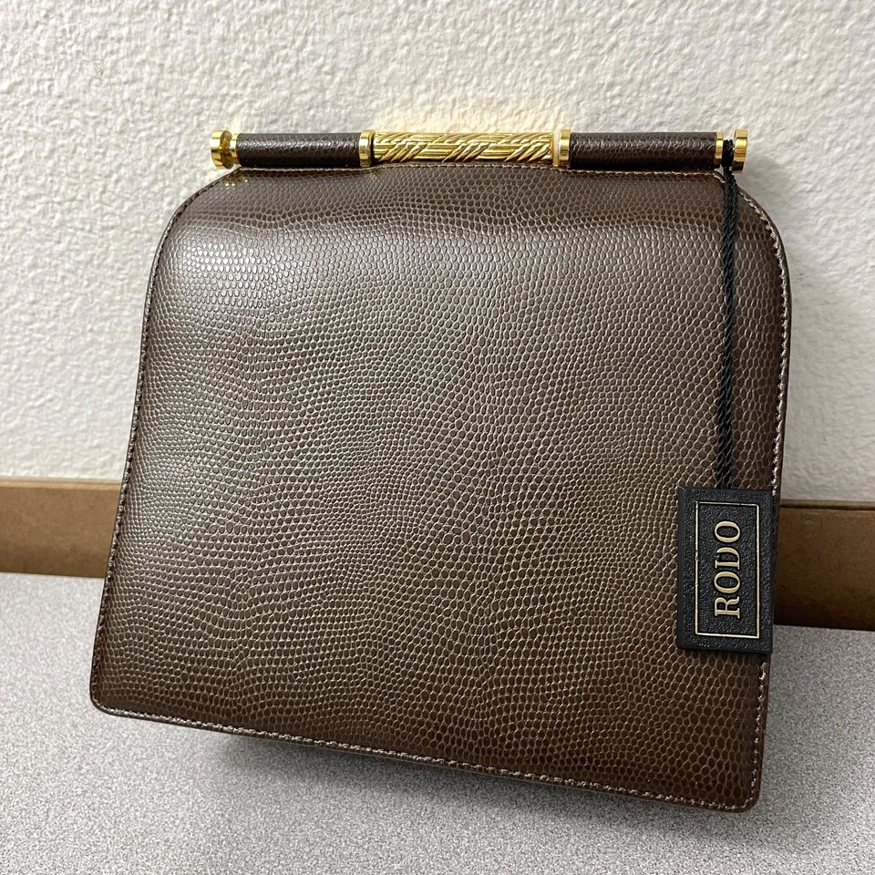 Vtg RODO Italy Leather Frame Handbag Clutch Brown Goldtone Embossed Lined - Image 3 of 4