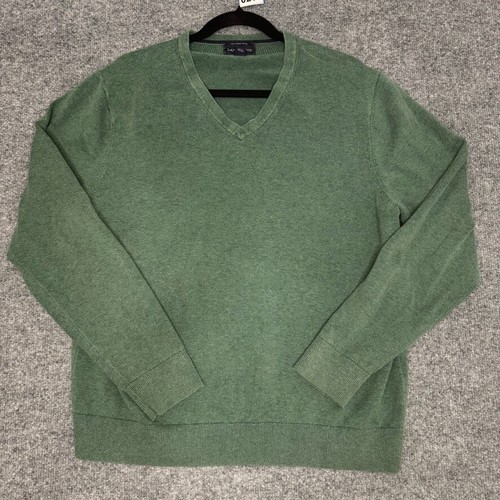 Lands End Sweater Mens Large 42-44 Green V-Neck Cashmere Style 100% Cotton