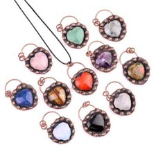 Healing Chakra Stone Heart Retro Red Copper Pendant Necklace 45CM Black Cord