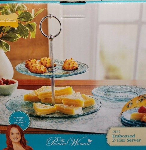 Pioneer Woman 2 Tiered Dessert Server Cassie Embossed Glass Teal or Clear U Pick - Picture 11 of 24