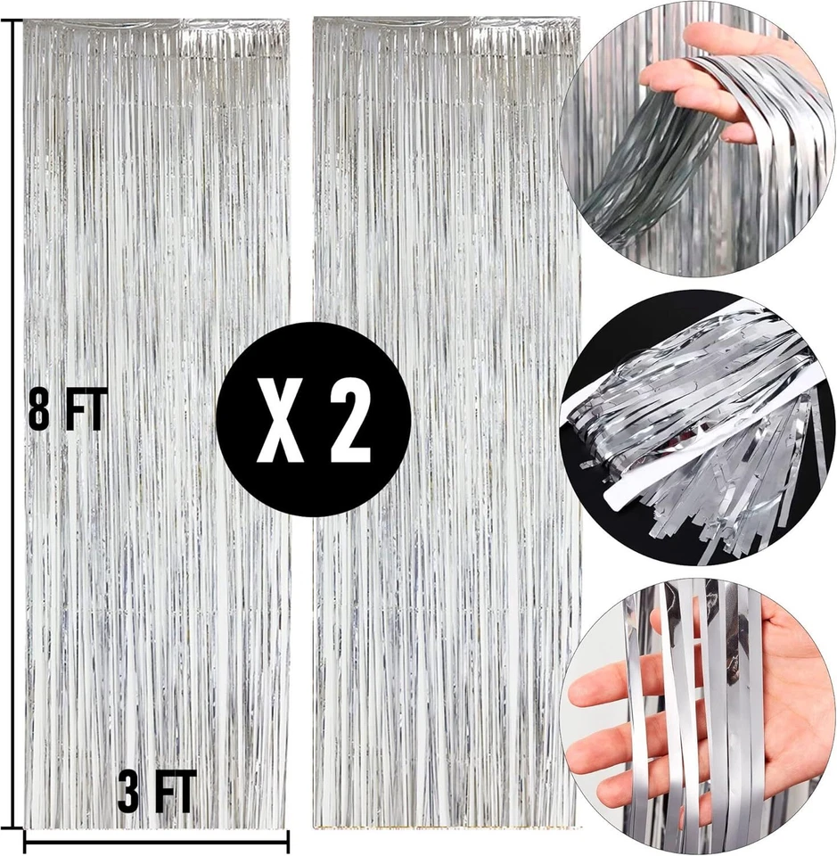 Paquete de 2 telones de fondo de lámina metálica plateadas: cortinas con flecos de oropel cabina de fotos Foto 2 de 4