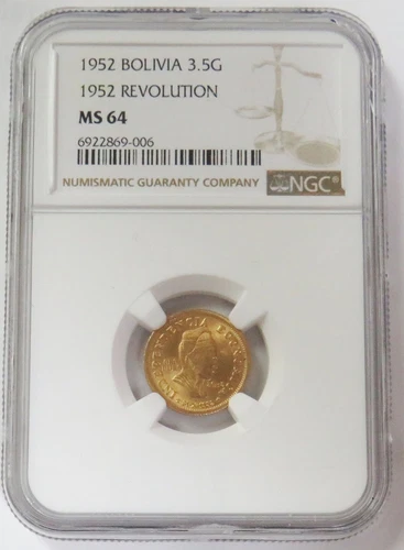 1952 GOLD BOLIVIA 3.5 GRAMOS REVOLUTION COIN NGC MINT STATE 64