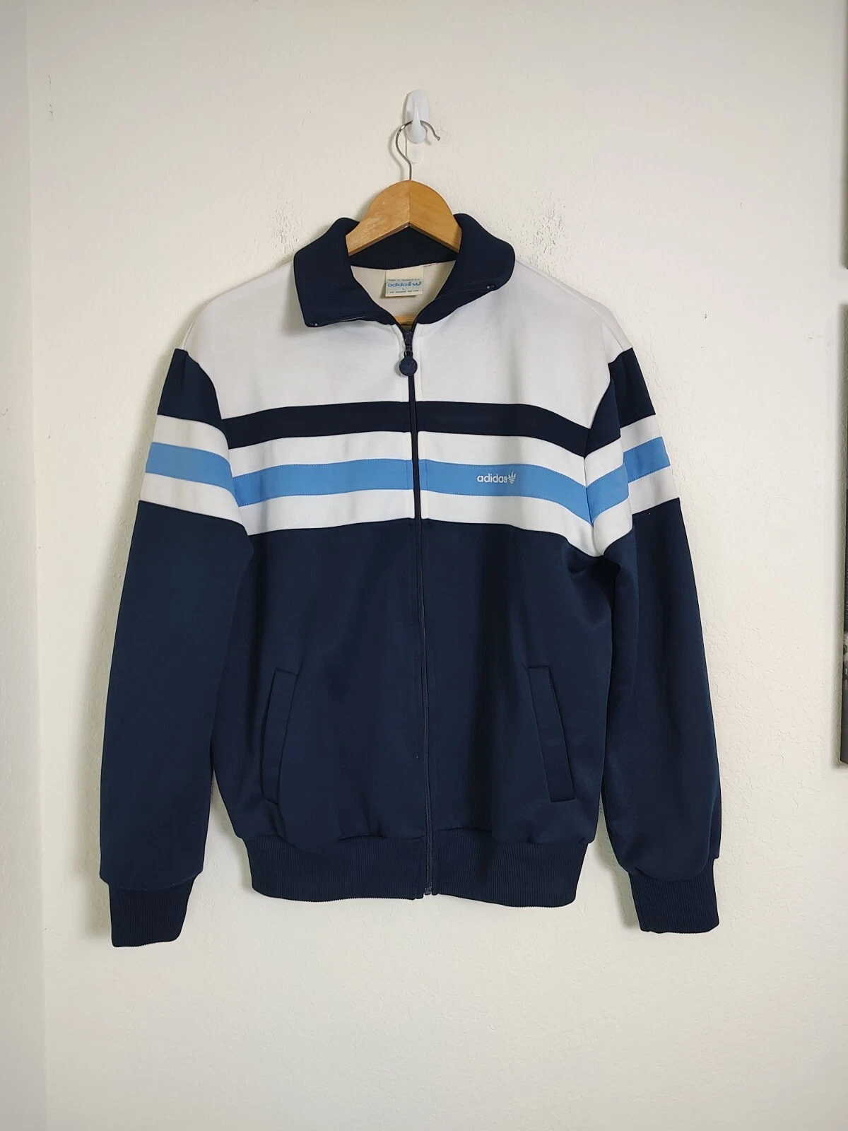 VINTAGE Adidas 1980s MENS Colorblock Jacket Woven Track Navy Blue L