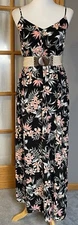 Divided Floral Maxi Slip Dress 12 Black Peach Side Slits Beach Cottagecore Boho