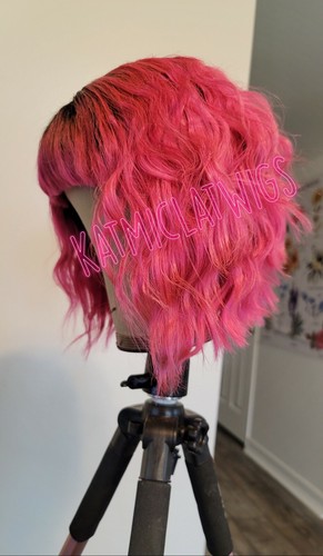 Pink And Black Inverted Bob With Bangs 100% Remy Human Hair Wig - Picture 2 of 4