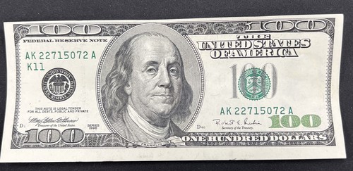 Billet de 100 dollars série 1996 mal aligné uniquement sur le devant RARE
