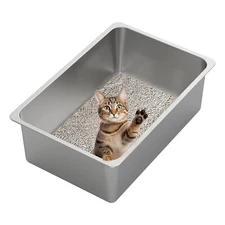 Kirecoo Stainless Steel Cat Litter Box XXL- Metal High Sided Cat Pan, Large S...