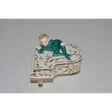 Pixie with Piano Trinket Box, Lipper & Mann Japan Vintage Porcelain Pixie Elf 
