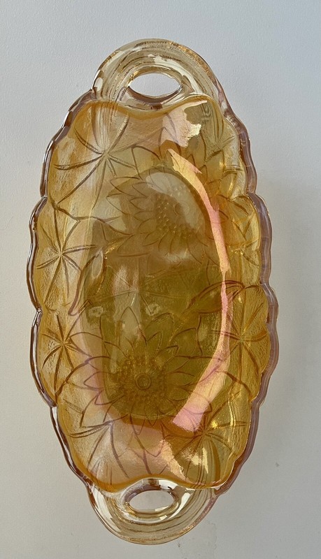 Vintage MCM Indiana Glass Depression Amber Sunflower Carnival Glass Oval Dish
