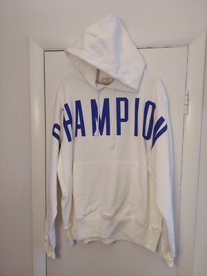 Champion Reverse Weave Hoodie Men Large Sweatshirt Big Spellout White Blue  Logo