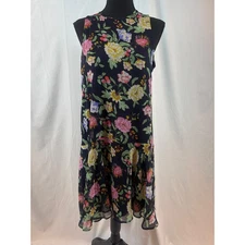 Navy Floral Sleeveless Midi Dress Flutter Hem Casual Summer Vacation