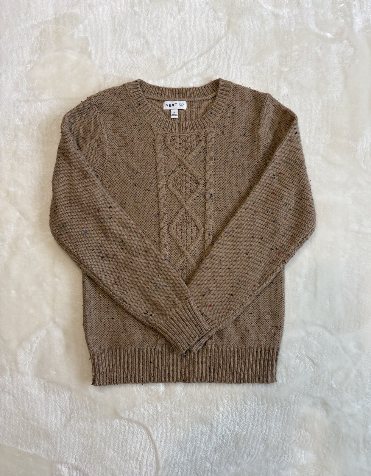 Next Camel Tan Cable Knit Jumper Size S Wool Blend Colourful Flecked Knit Warm